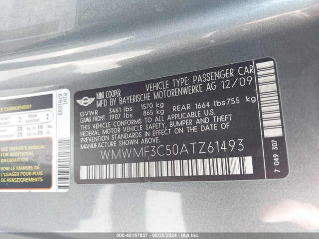 2010 MINI COOPER WMWMF3C50ATZ61493 Photo 8