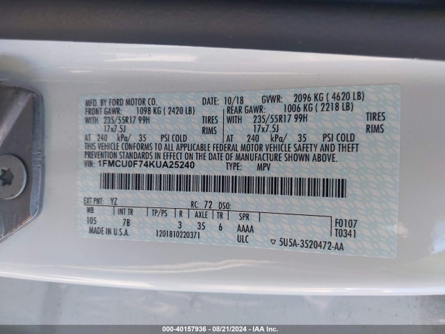 Ford ESCAPE S 2019 1FMCU0F74KUA25240 Image 9