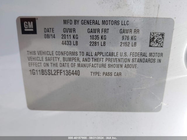 Chevrolet MALIBU LS 2015 1G11B5SL2FF136440 Image 9