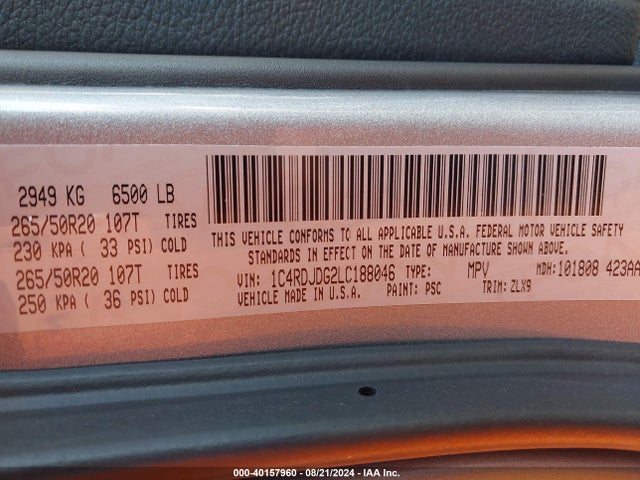 Dodge Durango Gt Plus Awd 2020 1C4RDJDG2LC188046 Image 9