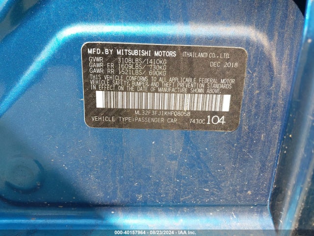 2019 MITSUBISHI MIRAGE G4 ML32F3FJ1KHF08058 Photo 8