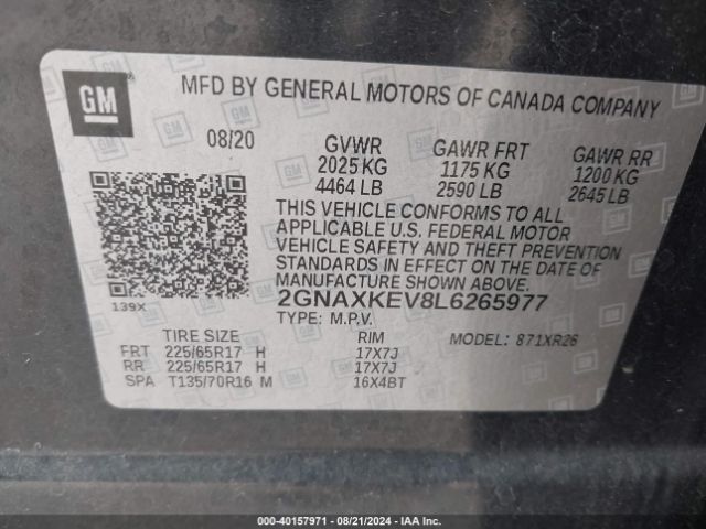 2GNAXKEV8L6265977 Chevrolet Equinox Fwd Lt 1.5l Turbo