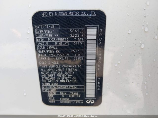 3PCAJ5M33KF117854 Infiniti Qx50 Luxe