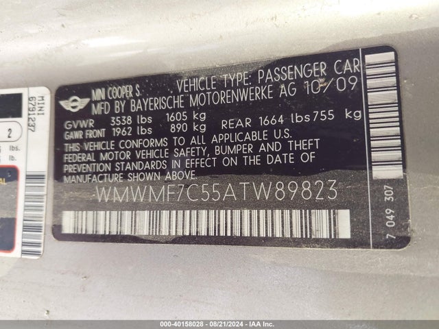 2010 MINI COOPER S WMWMF7C55ATW89823 Photo 8