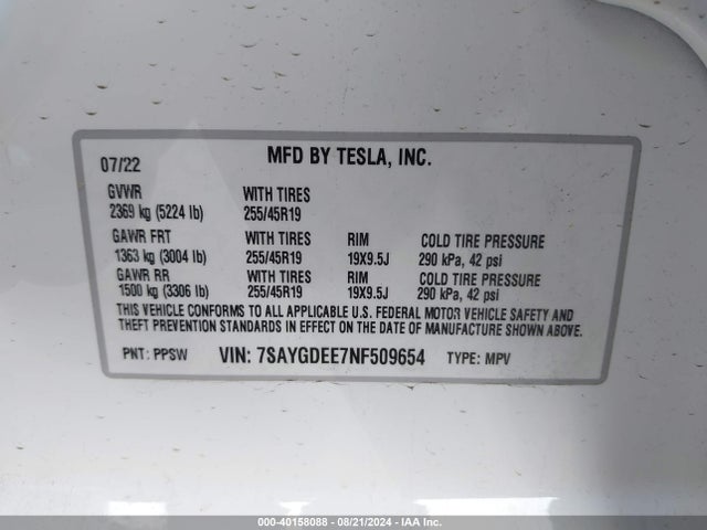 2022 TESLA MODEL Y 7SAYGDEE7NF509654 Photo 8