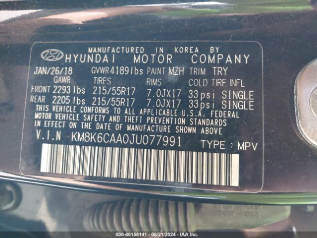 KM8K6CAA0JU077991 Hyundai Kona Sel
