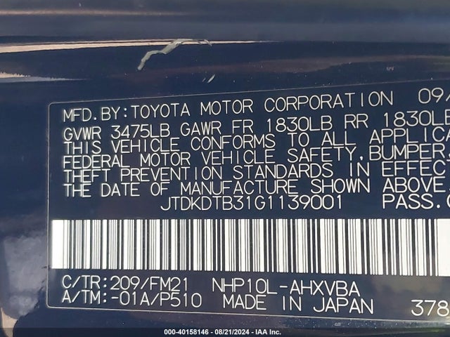 JTDKDTB31G1139001 Toyota Prius C Two