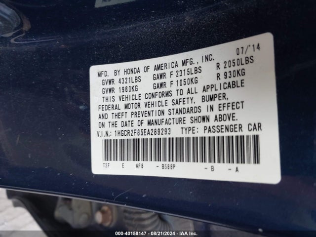 Honda Accord Ex-l 2014 1HGCR2F85EA289293 Image 9
