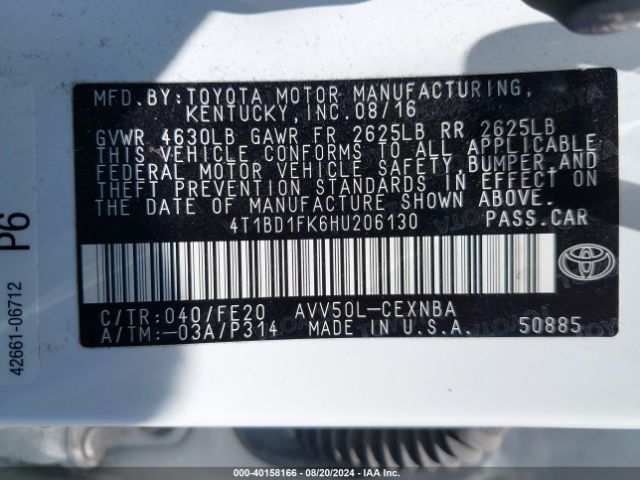 4T1BD1FK6HU206130 Toyota Camry Hybrid Le