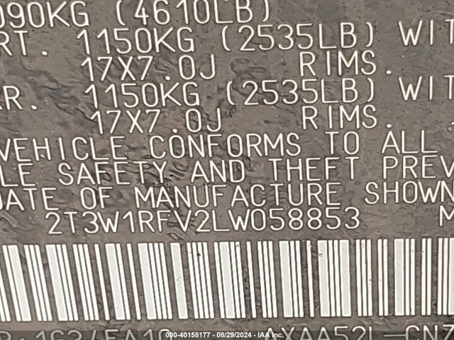 2T3W1RFV2LW058853 Toyota Rav4 Xle