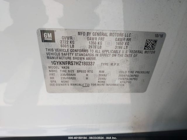 1GYKNFRS7HZ180337 Cadillac Xt5 Platinum