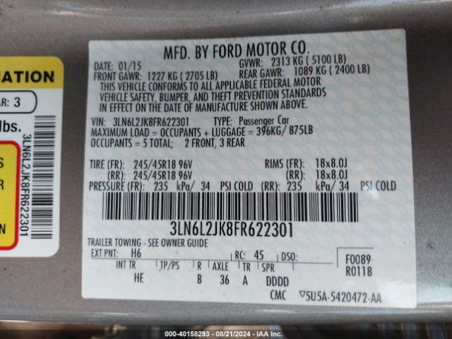 3LN6L2JK8FR622301 Lincoln MKZ