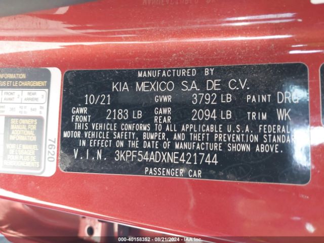 3KPF54ADXNE421744 KIA Forte Gt-line