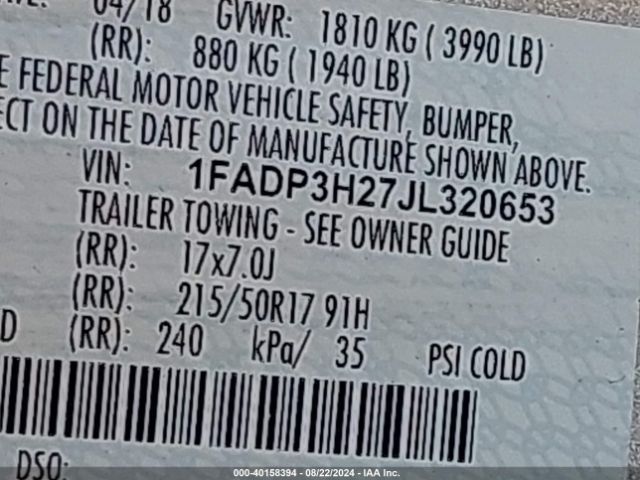 1FADP3H27JL320653 Ford FOCUS SEL