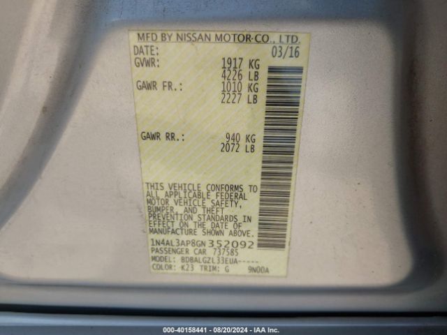 1N4AL3AP8GN352092 Nissan Altima 2.5/2.5 S/2.5 Sl/2.5 Sr/2.5 Sv