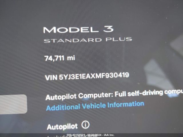 5YJ3E1EAXMF930419 Tesla Model 3 Standard Range Plus Rear-wheel Drive