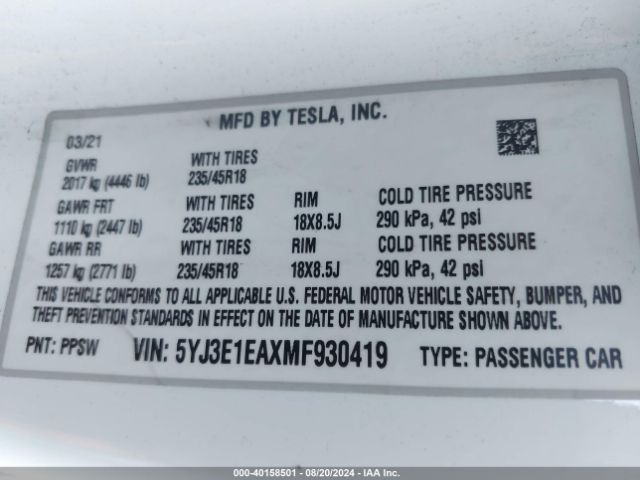 5YJ3E1EAXMF930419 Tesla Model 3 Standard Range Plus Rear-wheel Drive