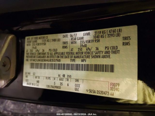 1FMCU9GD8HUE53765 Ford ESCAPE SE