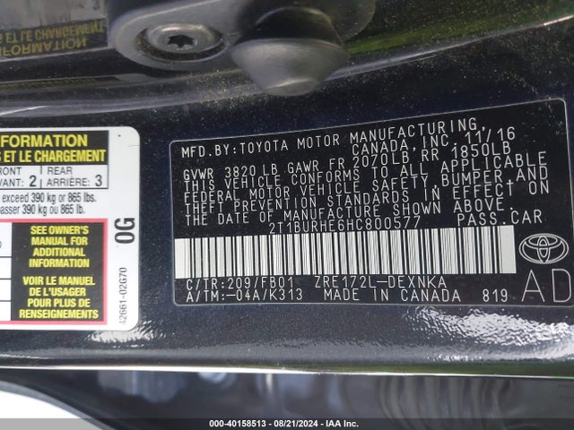 Toyota COROLLA LE 2017 2T1BURHE6HC800577 Image 9