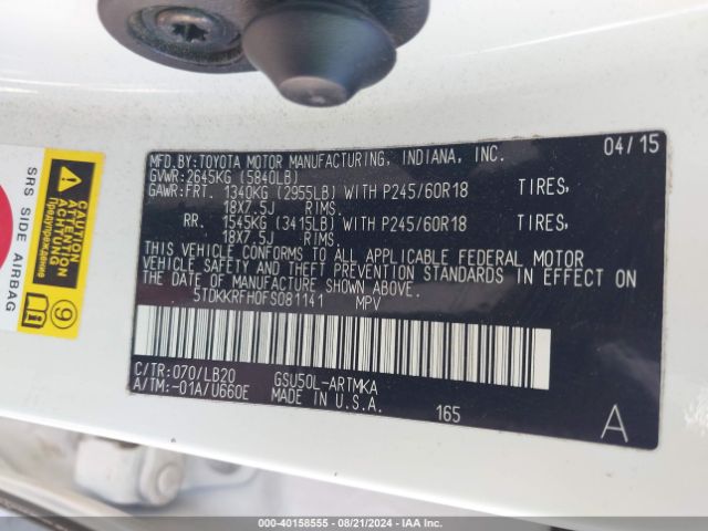 5TDKKRFH0FS081141 Toyota Highlander Xle V6