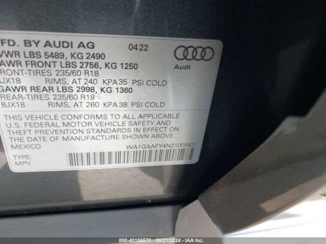 WA1GAAFY4N2100543 Audi Q5 Premium 45 Tfsi S Line Quattro S Tronic