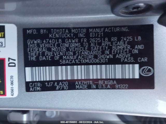 58ACA1C1XMU006301 Lexus ES 300H