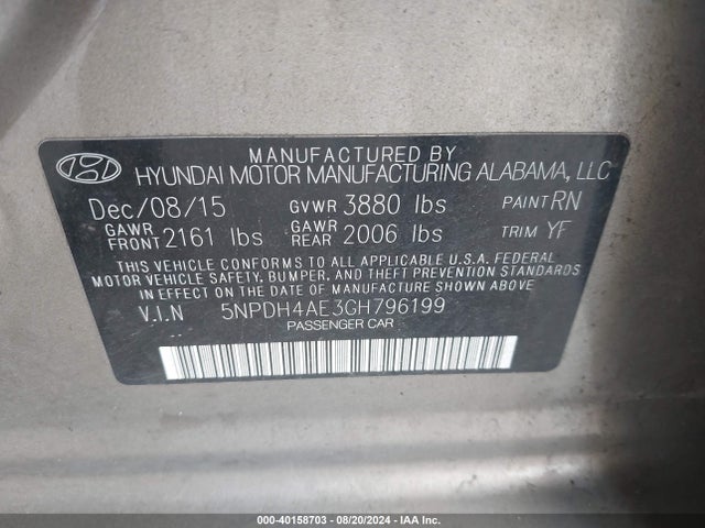 Hyundai ELANTRA SE 2016 5NPDH4AE3GH796199 Image 9