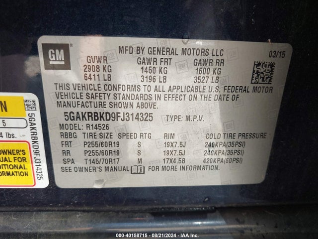 5GAKRBKD9FJ314325 Buick Enclave Leather