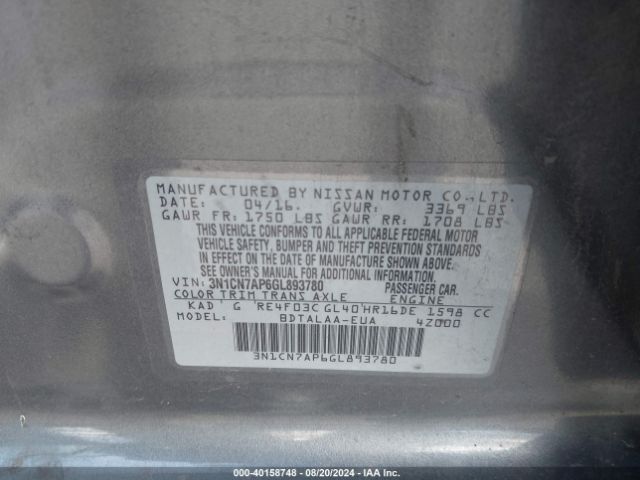 3N1CN7AP6GL893780 Nissan Versa 1.6 S