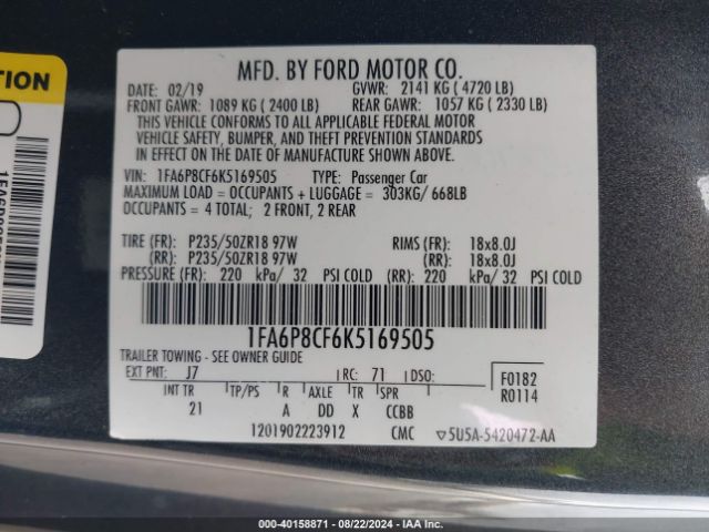 1FA6P8CF6K5169505 Ford MUSTANG GT