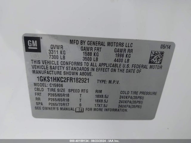 1GKS1HKC2FR182921 GMC Yukon Xl 1500 Slt