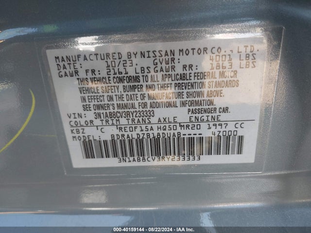 3N1AB8CV3RY233333 Nissan Sentra Sv Xtronic Cvt