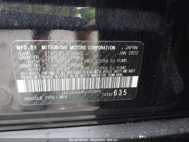 JA4J3UA88NZ062606 Mitsubishi Outlander Black Edition 2wd/se 2.5 2wd/se Launch Edition 2wd