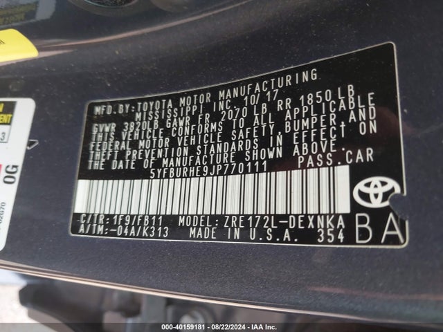 Toyota COROLLA LE 2018 5YFBURHE9JP770111 Image 9