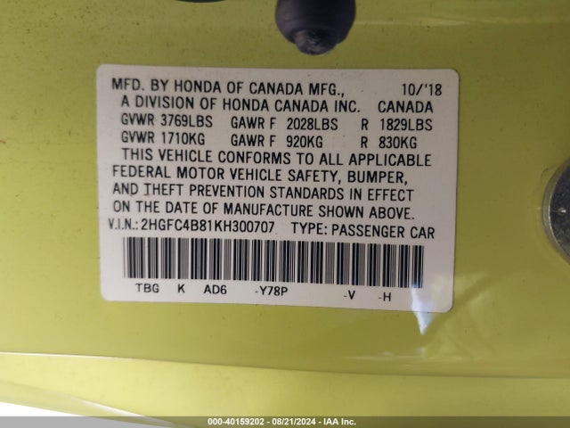 Honda Civic Sport 2019 2HGFC4B81KH300707 Image 9