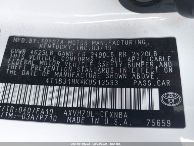 4T1B31HK4KU513593 Toyota Camry Hybrid Le