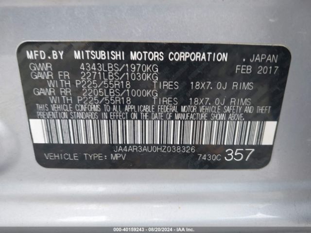 JA4AR3AU0HZ038326 Mitsubishi Outlander Sport 2.0 Le