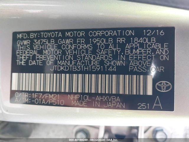 JTDKDTB31H1591144 Toyota Prius C Two