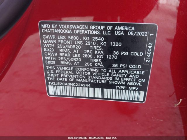 1V2JE2CA3NC224244 Volkswagen Atlas Cross Sport 3.6l V6 Se W/technology