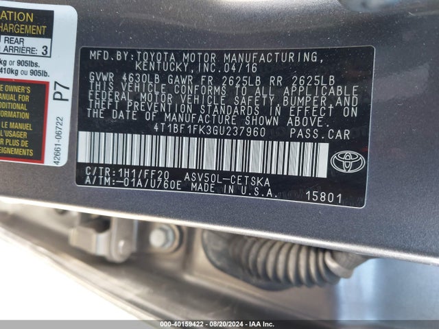 Toyota CAMRY SE 2016 4T1BF1FK3GU237960 Image 9