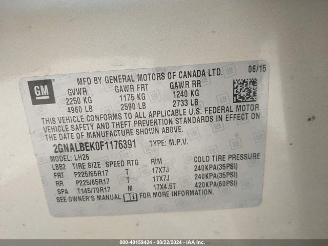 Chevrolet EQUINOX 1LT 2015 2GNALBEK0F1176391 Image 9