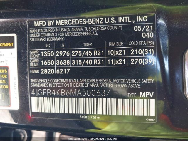 4JGFB4KB6MA500637 Mercedes-Benz Gle 350 4matic