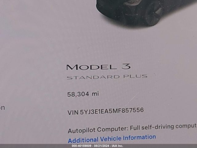 5YJ3E1EA5MF857556 Tesla Model 3 Standard Range Plus Rear-wheel Drive