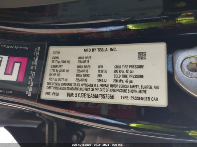 5YJ3E1EA5MF857556 Tesla Model 3 Standard Range Plus Rear-wheel Drive