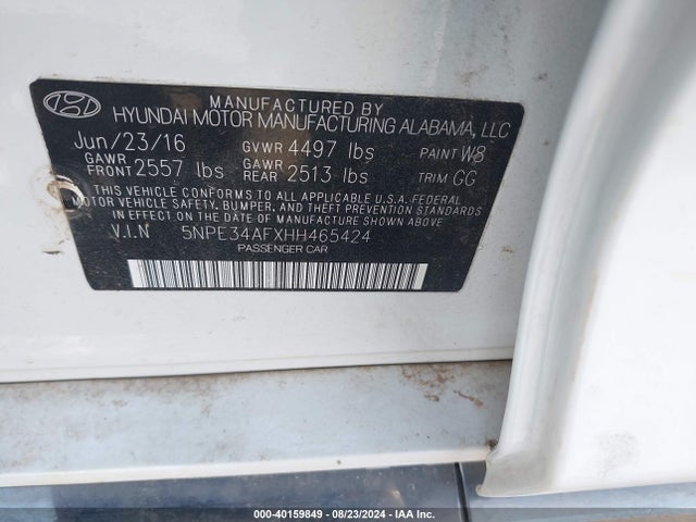 Hyundai Sonata Limited 2017 5NPE34AFXHH465424 Image 9