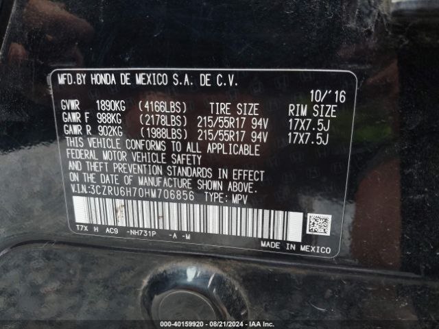 3CZRU6H70HM706856 Honda Hr-v Ex-l