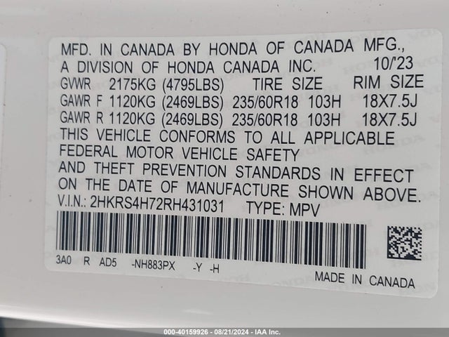 Honda Cr-v Ex-l Awd 2024 2HKRS4H72RH431031 Image 9