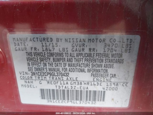 3N1CE2CP9GL370432 Nissan Versa Note S (sr)/s Plus/sl/sr/sv