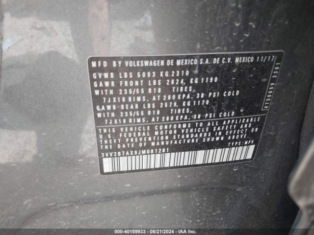3VV2B7AX9JM081281 Volkswagen Tiguan 2.0t Se/2.0t Sel