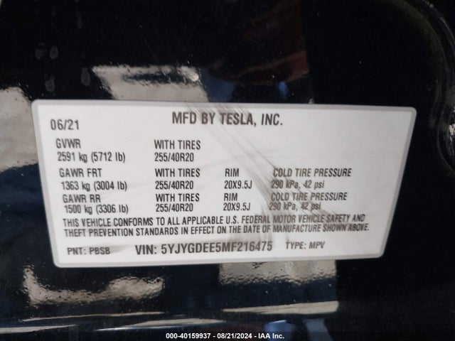 2021 TESLA MODEL Y 5YJYGDEE5MF216475 Photo 8